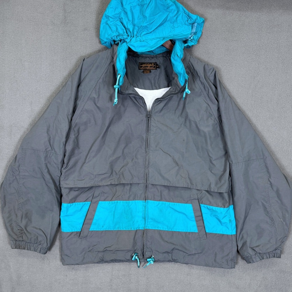Vintage Eddie Bauer Windbreaker Men M Grey Teal Hooded Gorpcore Outdoor Jacket
